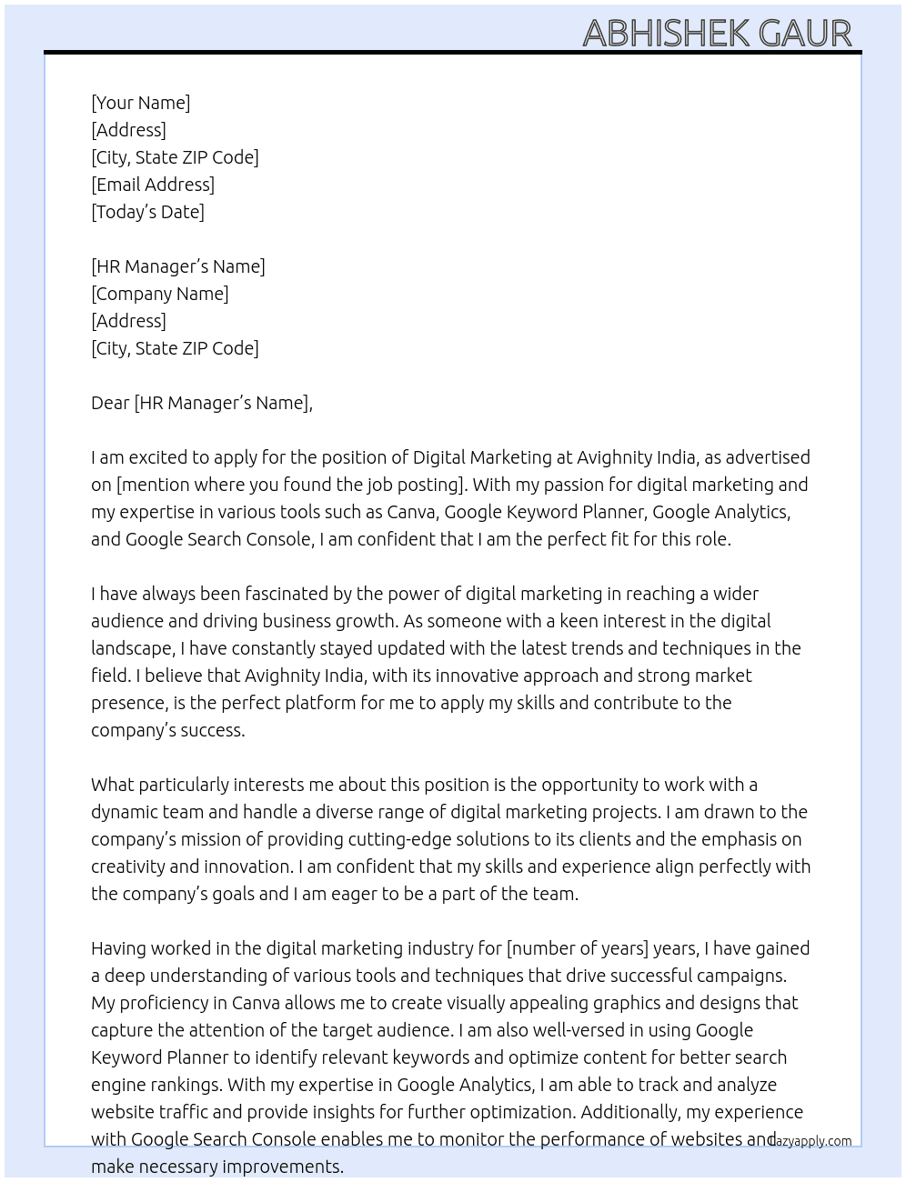 Digital marketing  At Avighnity India Cover Letter