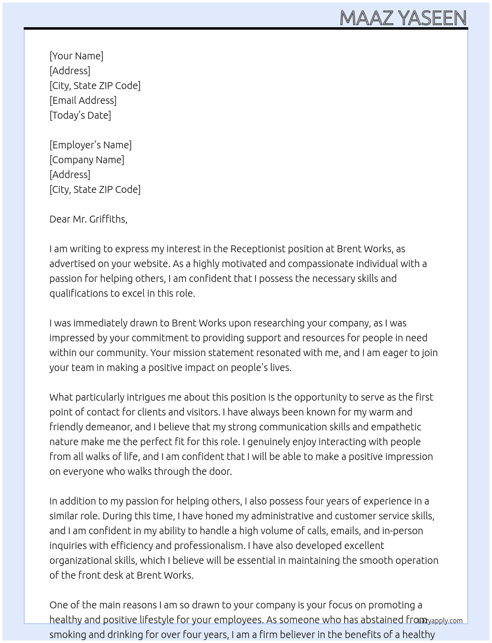 Receptionist At Brent Works Cover Letter