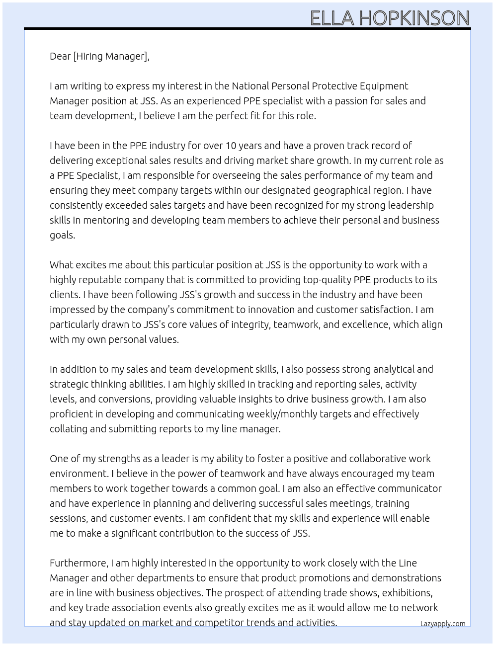 national personal Protective equipment manager At JSS Cover Letter