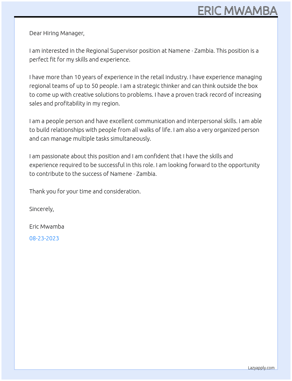 Regional Supervisor At Namene · Zambia Cover Letter