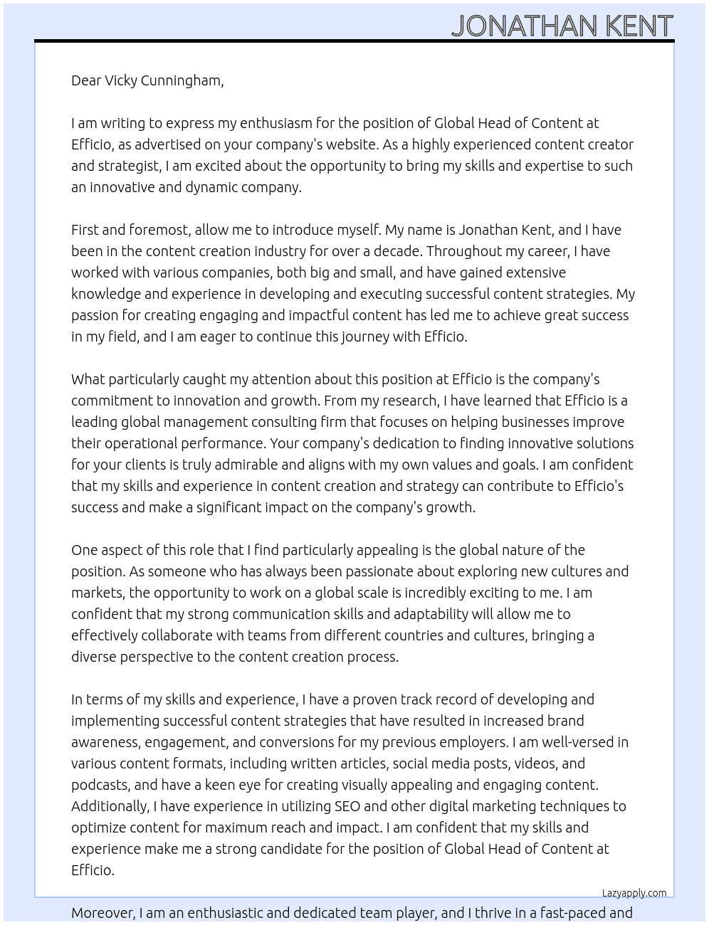 Global Head of Content At Efficio Cover Letter