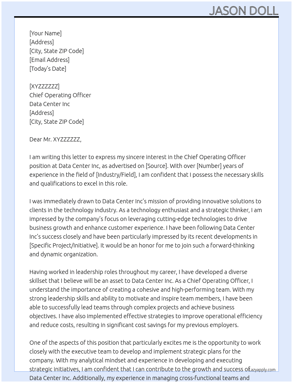 Chief Operating Officer At Data Center Inc Cover Letter