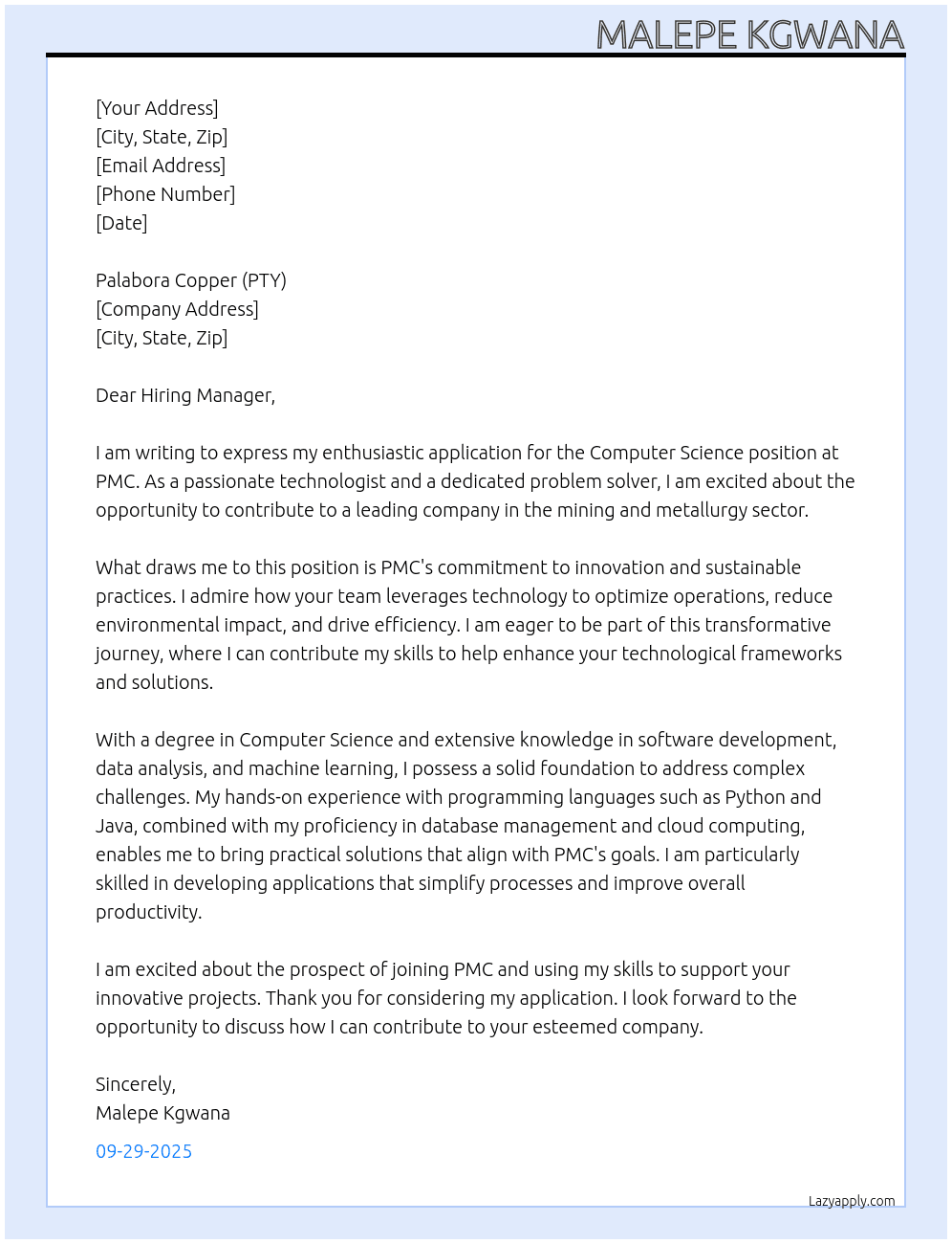 Cover letter for computer science - LazyApply