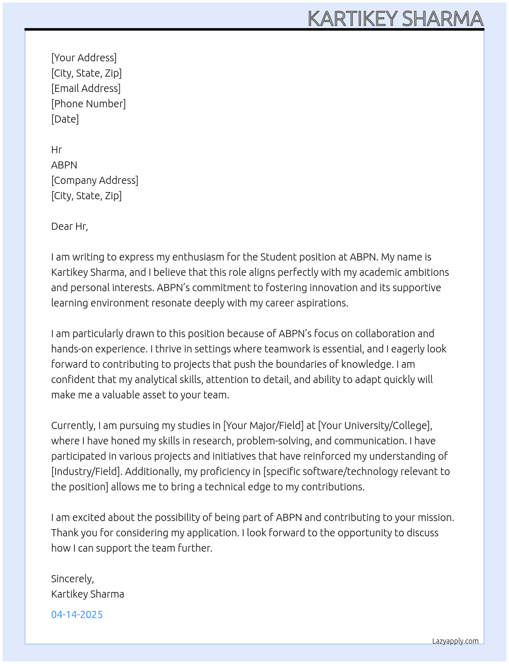 Student At ABPN Cover Letter