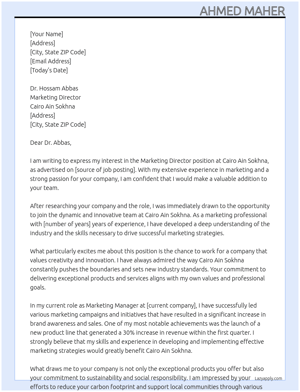 Marketing Director  At Cairo Ain Sokhna Cover Letter
