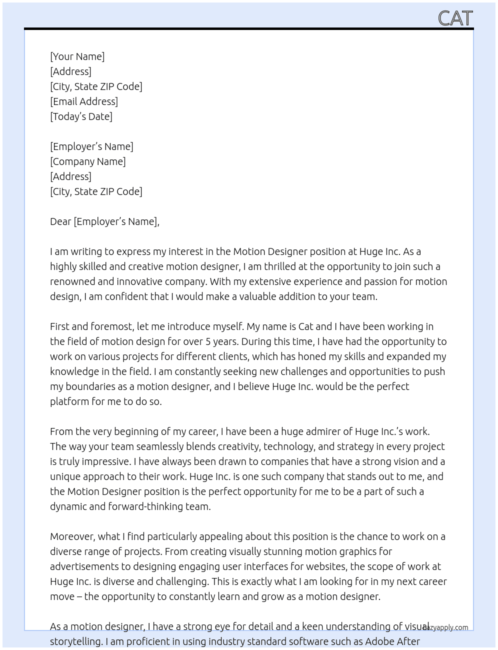 Motion designer At Huge Inc. Cover Letter