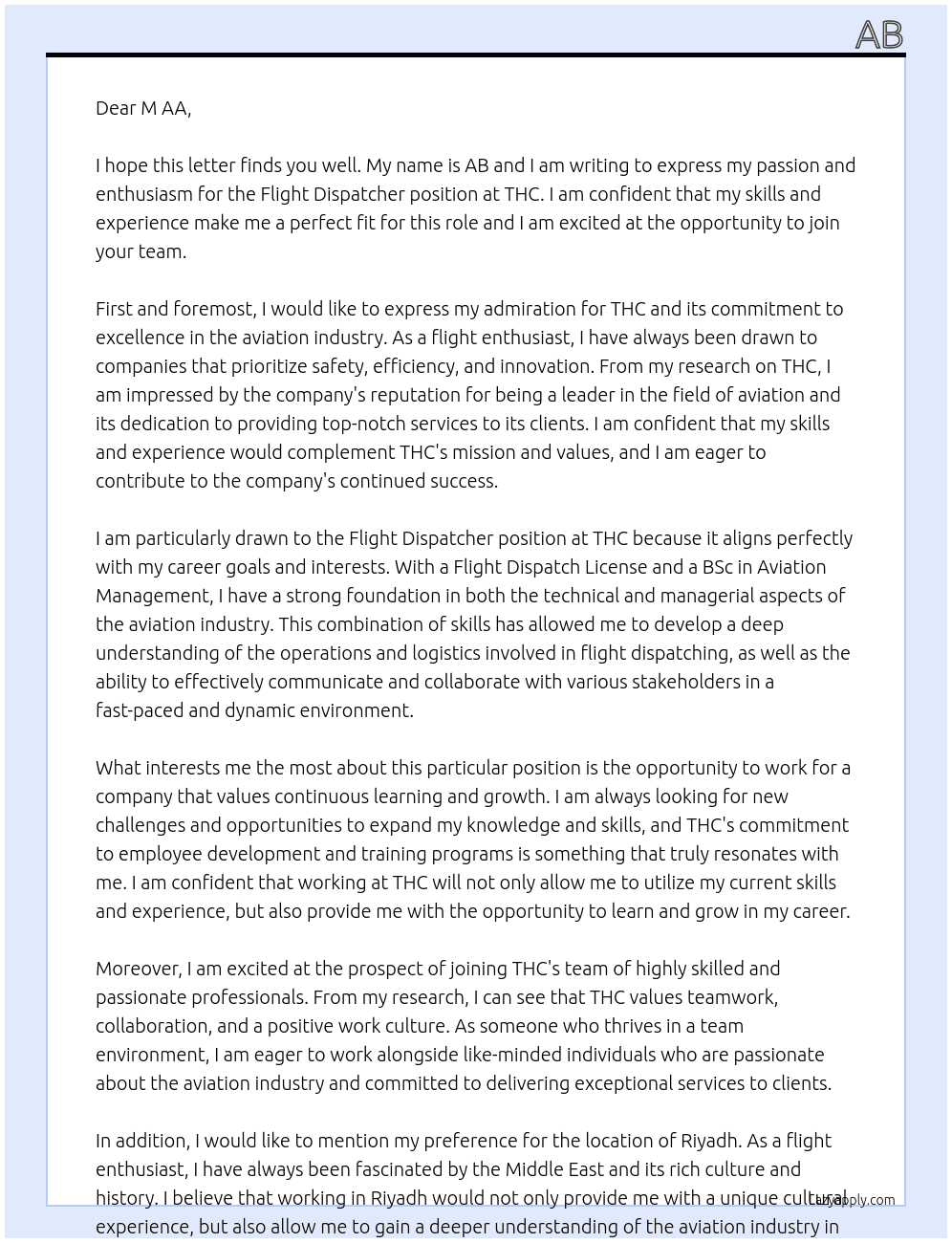 Flight Dispatcher At THC Cover Letter