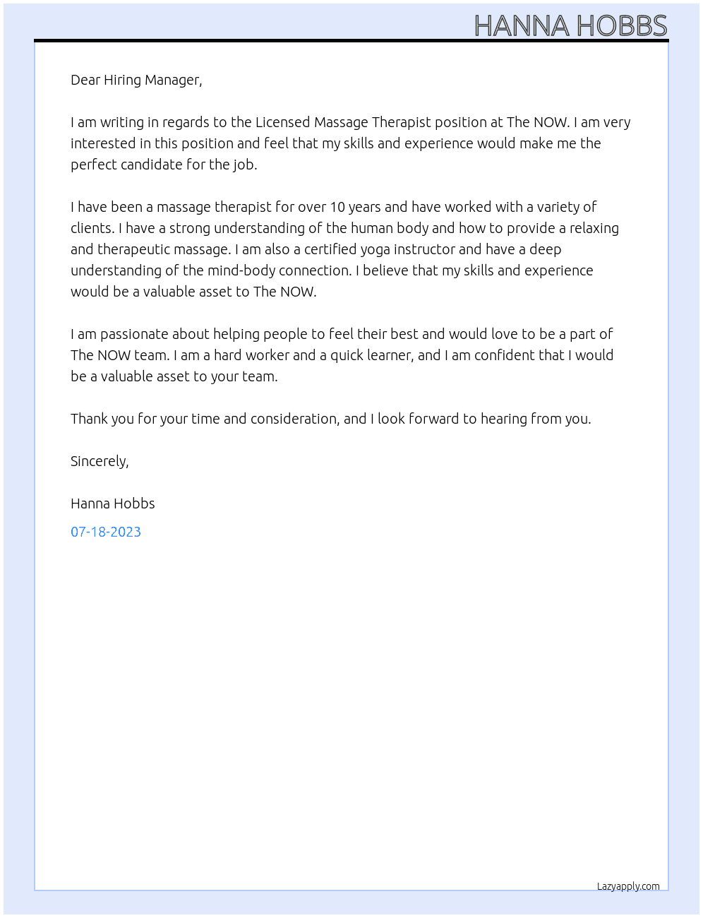 Licensed Massage Therapist At The NOW Cover Letter