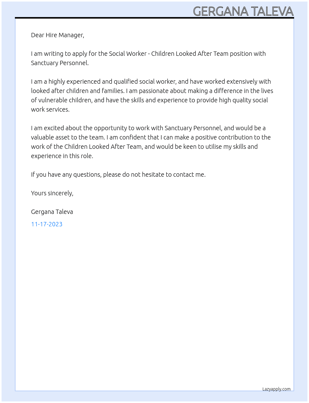  Social Worker - Children Looked After Team  At Sanctuary Personnel - Bristol, UK Cover Letter