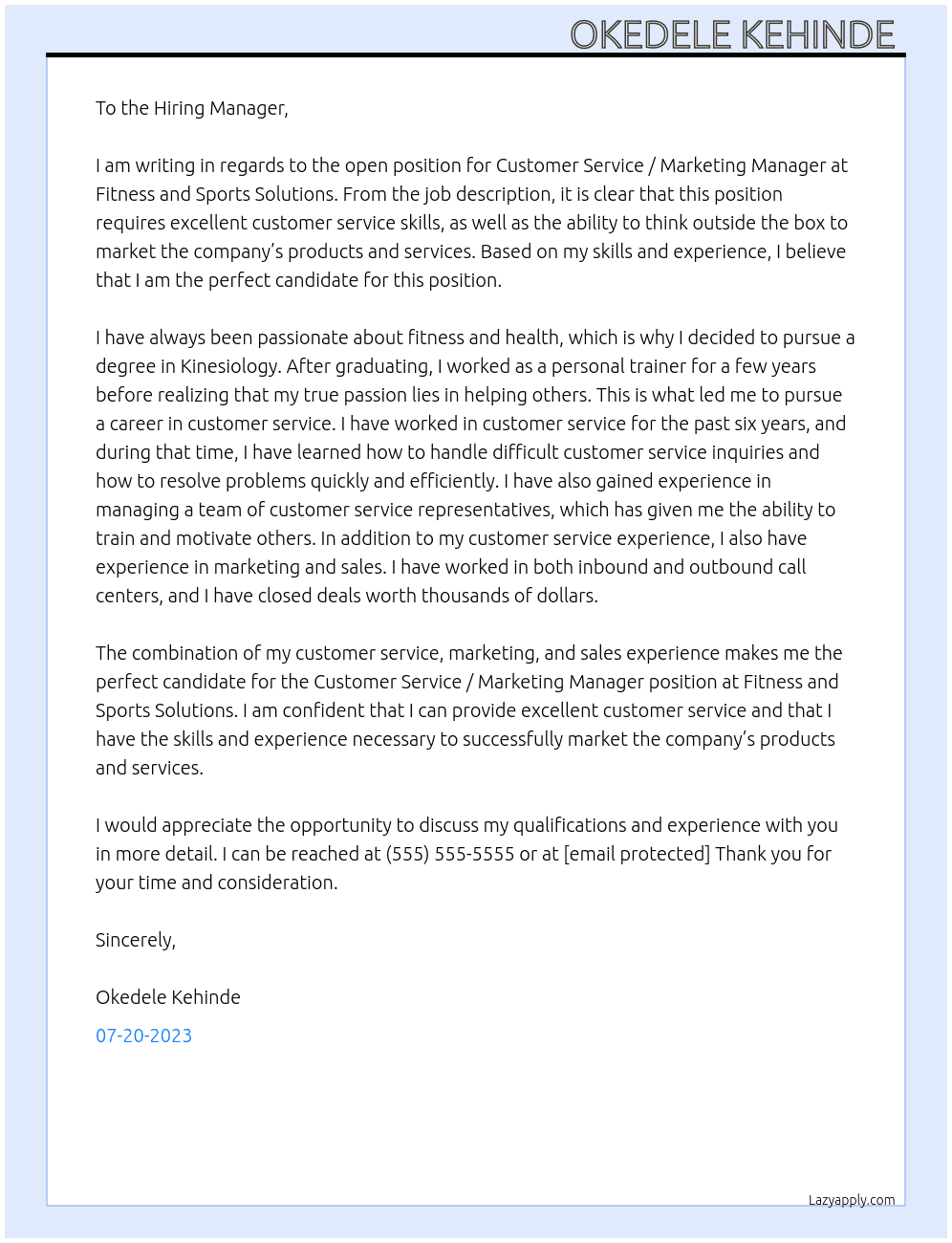 Customer Service / Marketing Manager  At Fitness and Sports Solutions Cover Letter