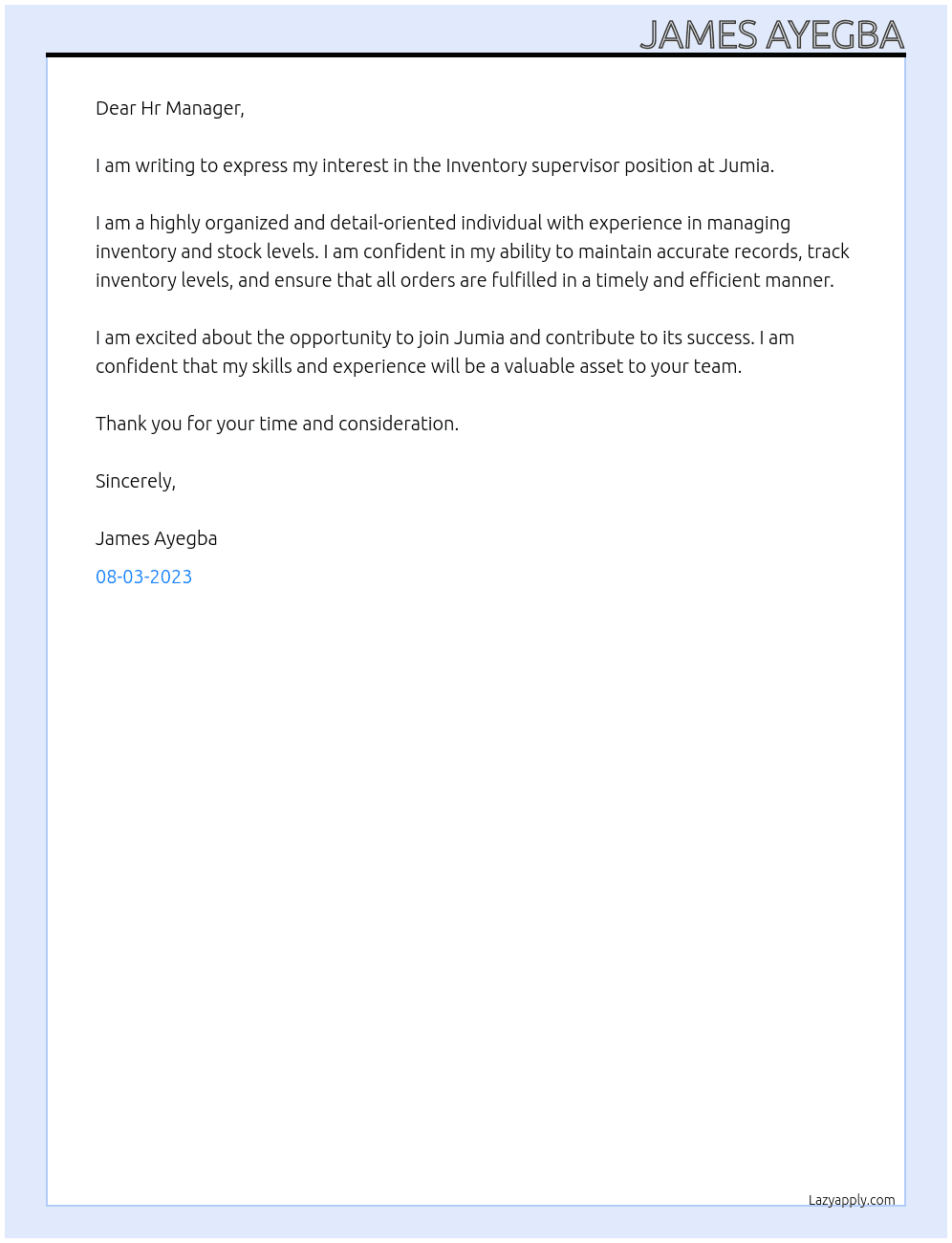 Inventory supervisor  At Jumia Cover Letter