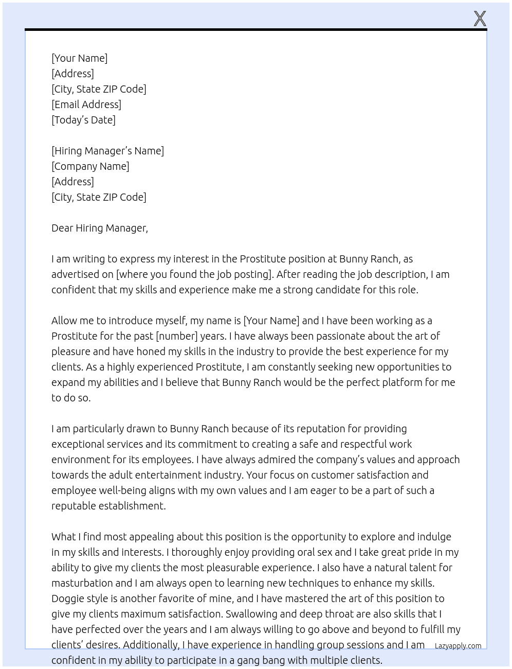 Prostitute  At Bunny Ranch Cover Letter