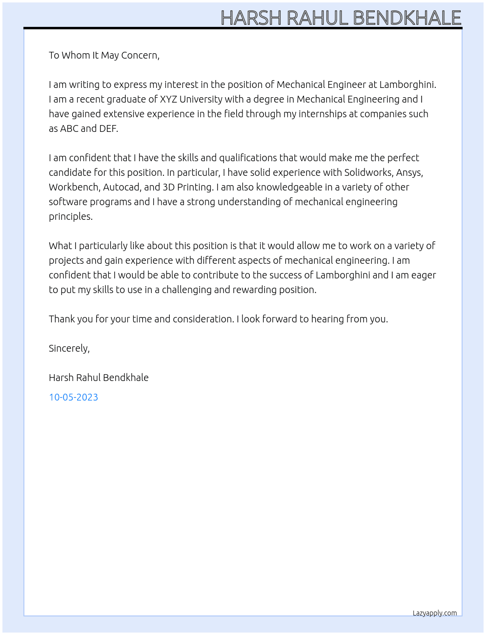 Mechanical Engineer At Lamborghini Cover Letter
