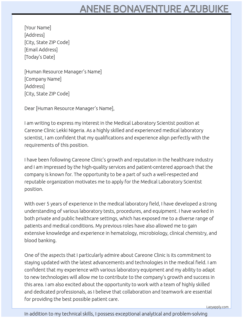 Medical laboratory scientist  At Careone clinic lekki Nigeria  Cover Letter