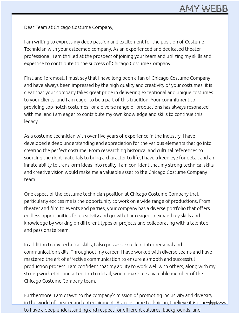 costume technician At Chicago Costume Company Cover Letter