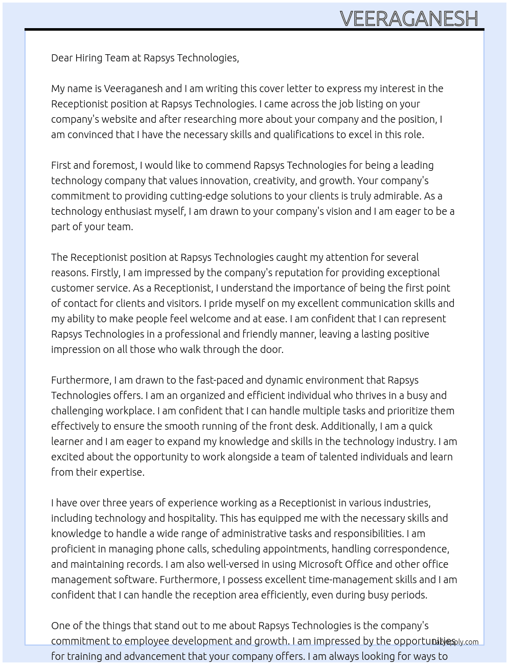 Receptionist At Rapsys Technologies Cover Letter