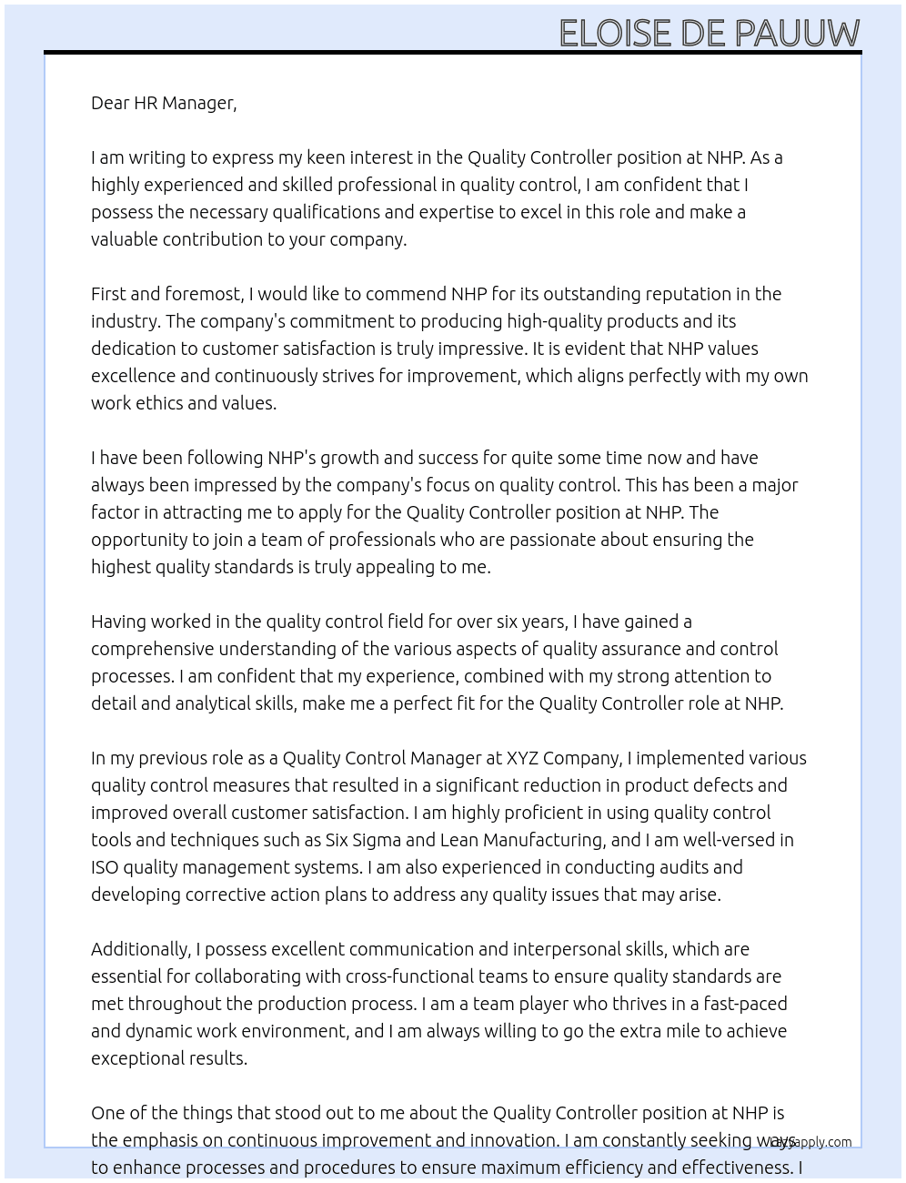 Quality Controller At NHP Cover Letter