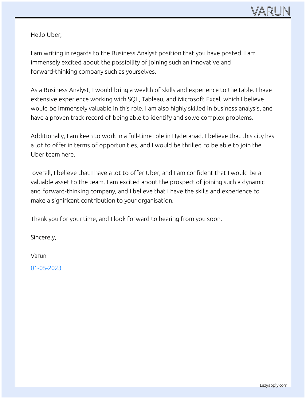 Business Analyst At Uber Cover Letter
