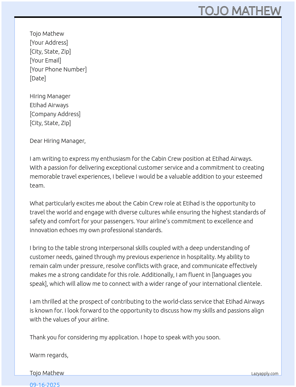 Cabin Crew At Etihad Airways Cover Letter
