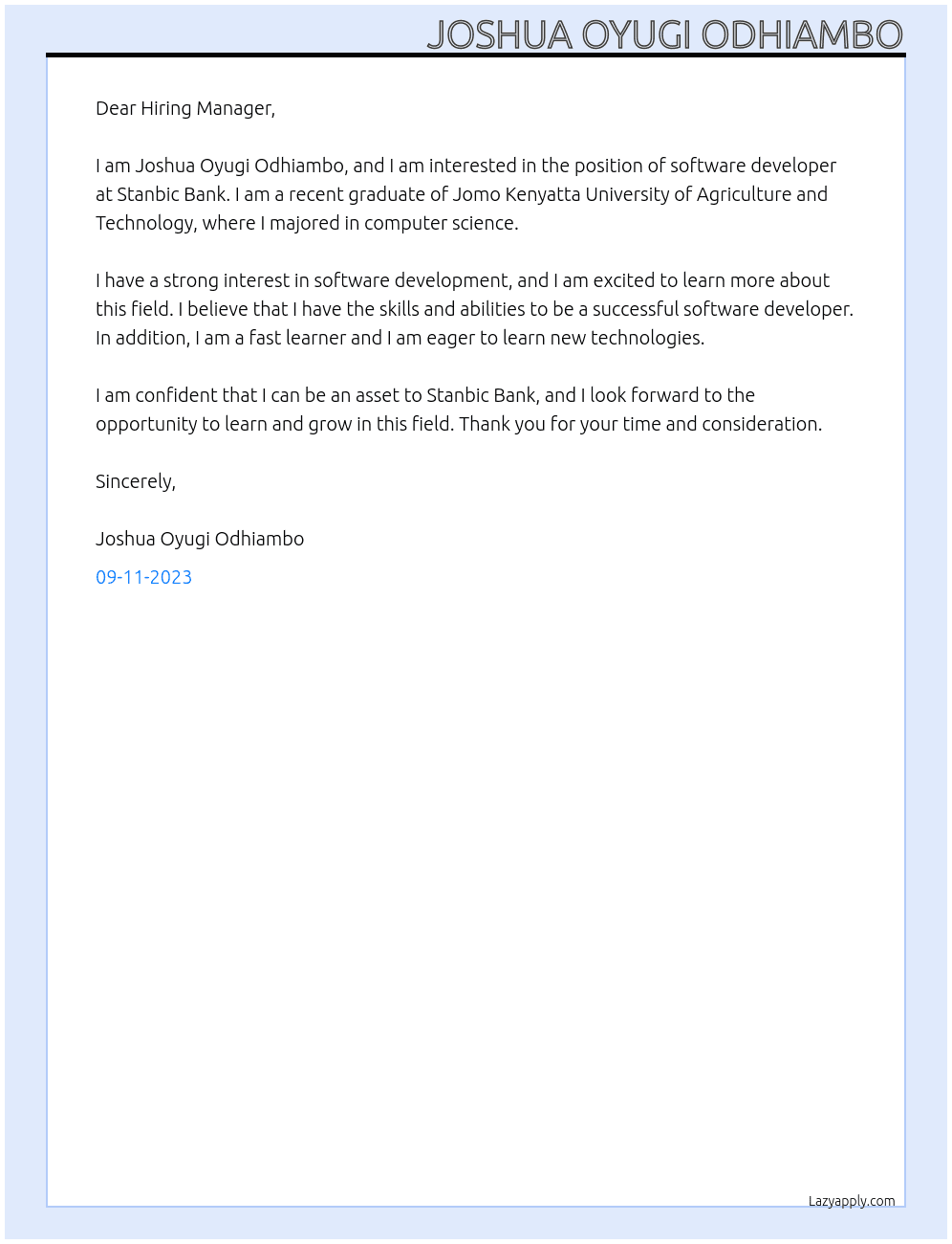 Software Developer At Stanbic Bank Cover Letter