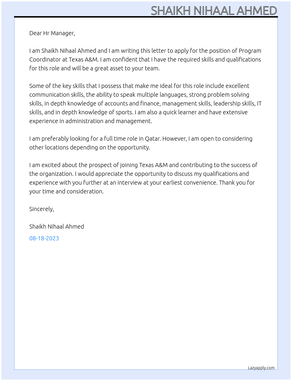 Program Coordinator At Texas A&M   Cover Letter