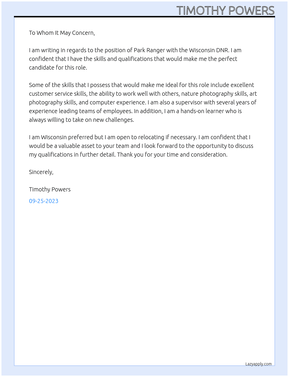 Park Ranger At Wisconsin DNR Cover Letter