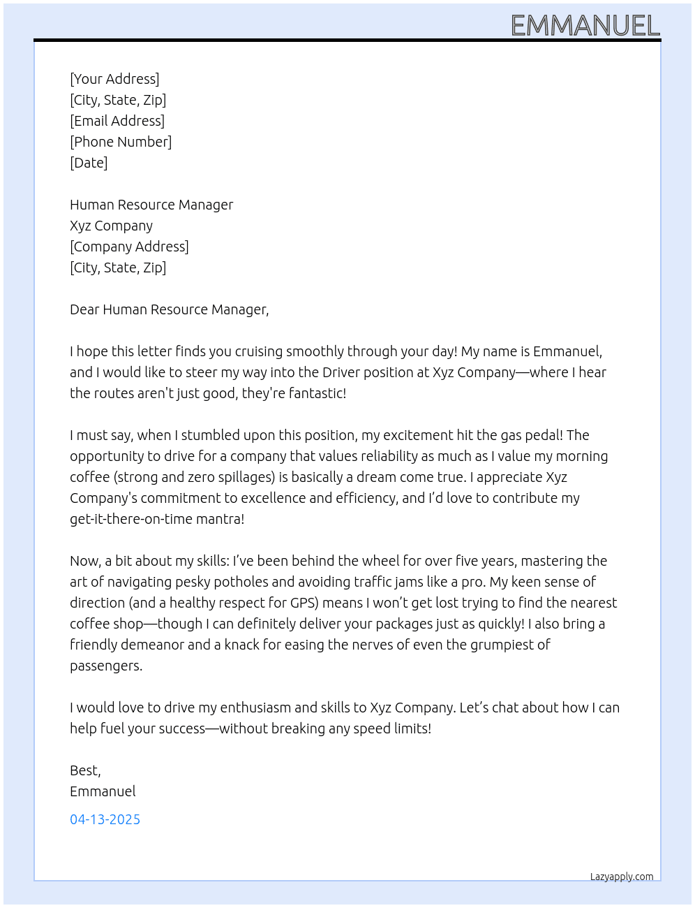 Driver  At Xyz Company Cover Letter