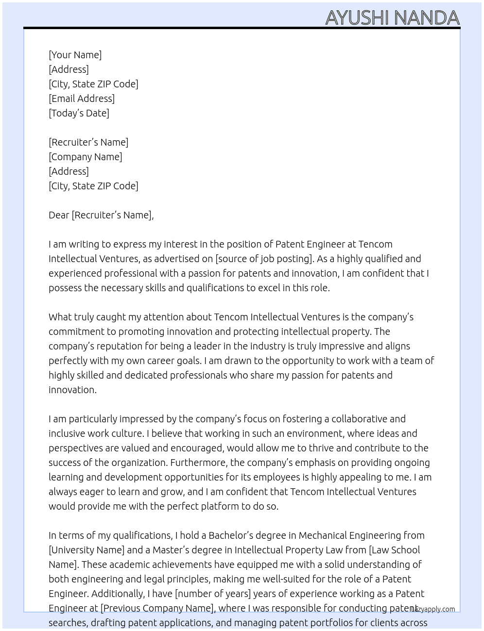 patent engineer At Tencom Intellectual Ventures Cover Letter