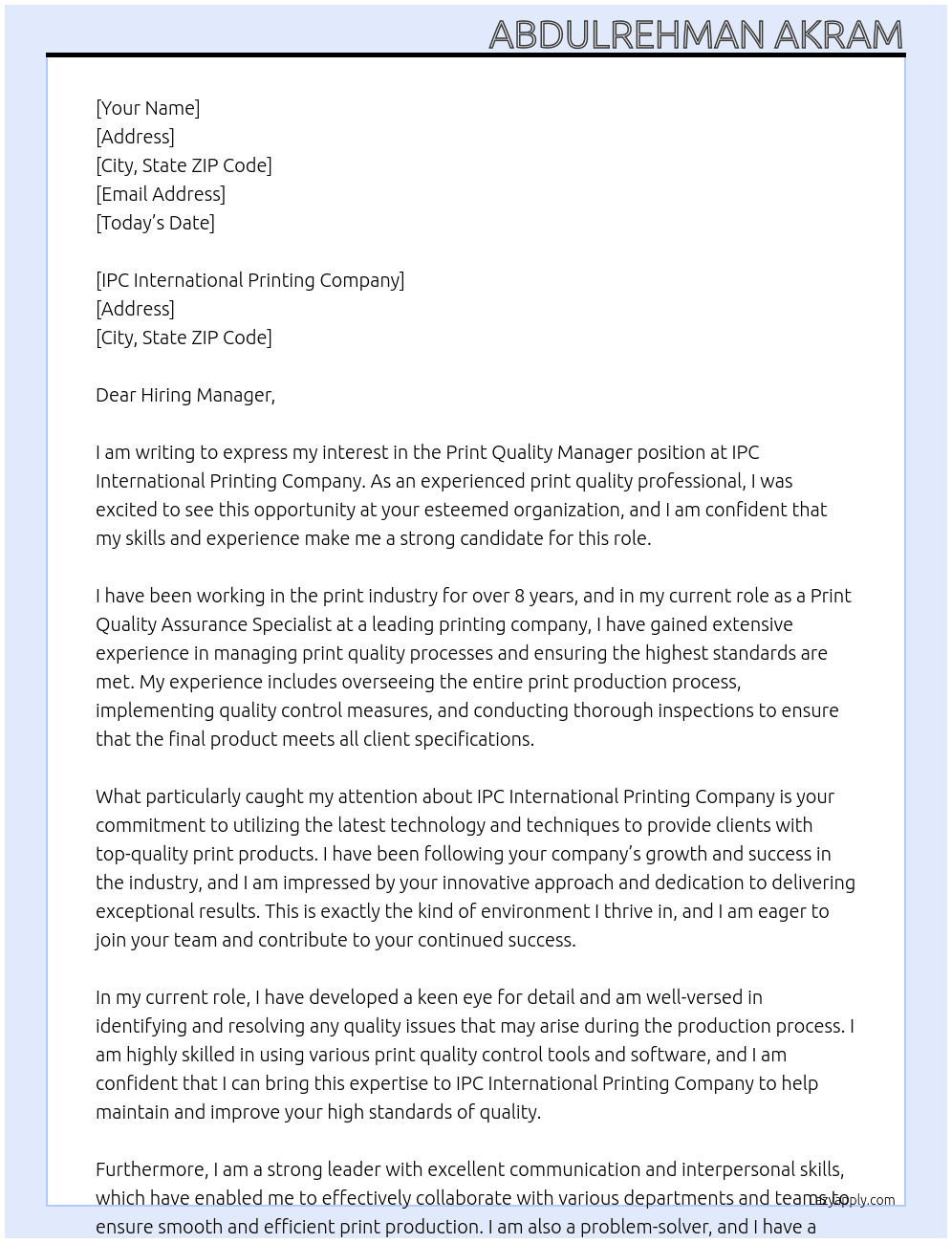 print quality manager At IPC international printing company Cover Letter