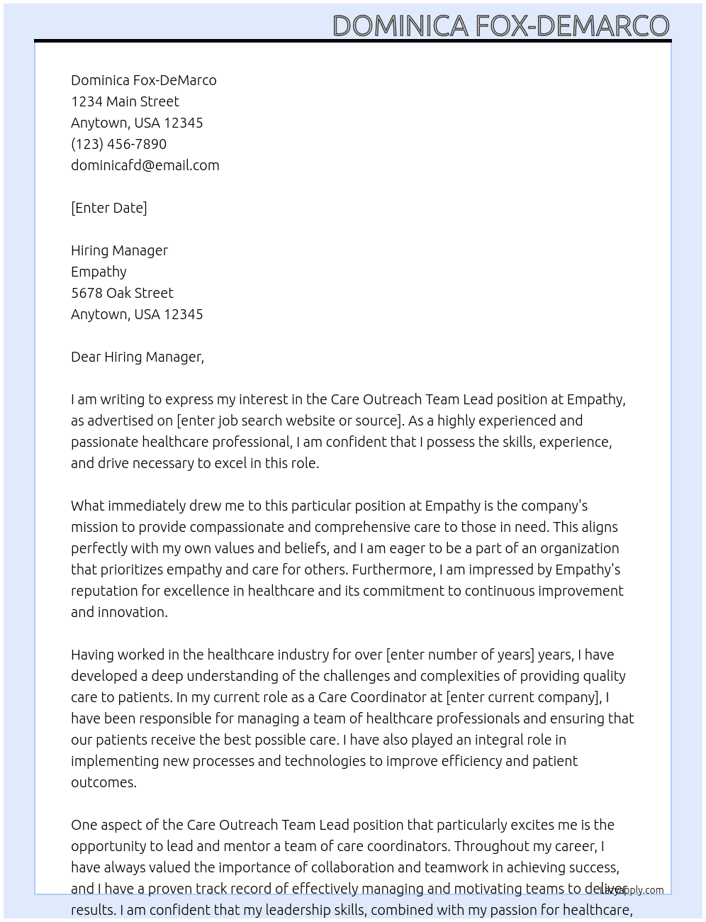 Care Outreach Team Lead At Empathy Cover Letter