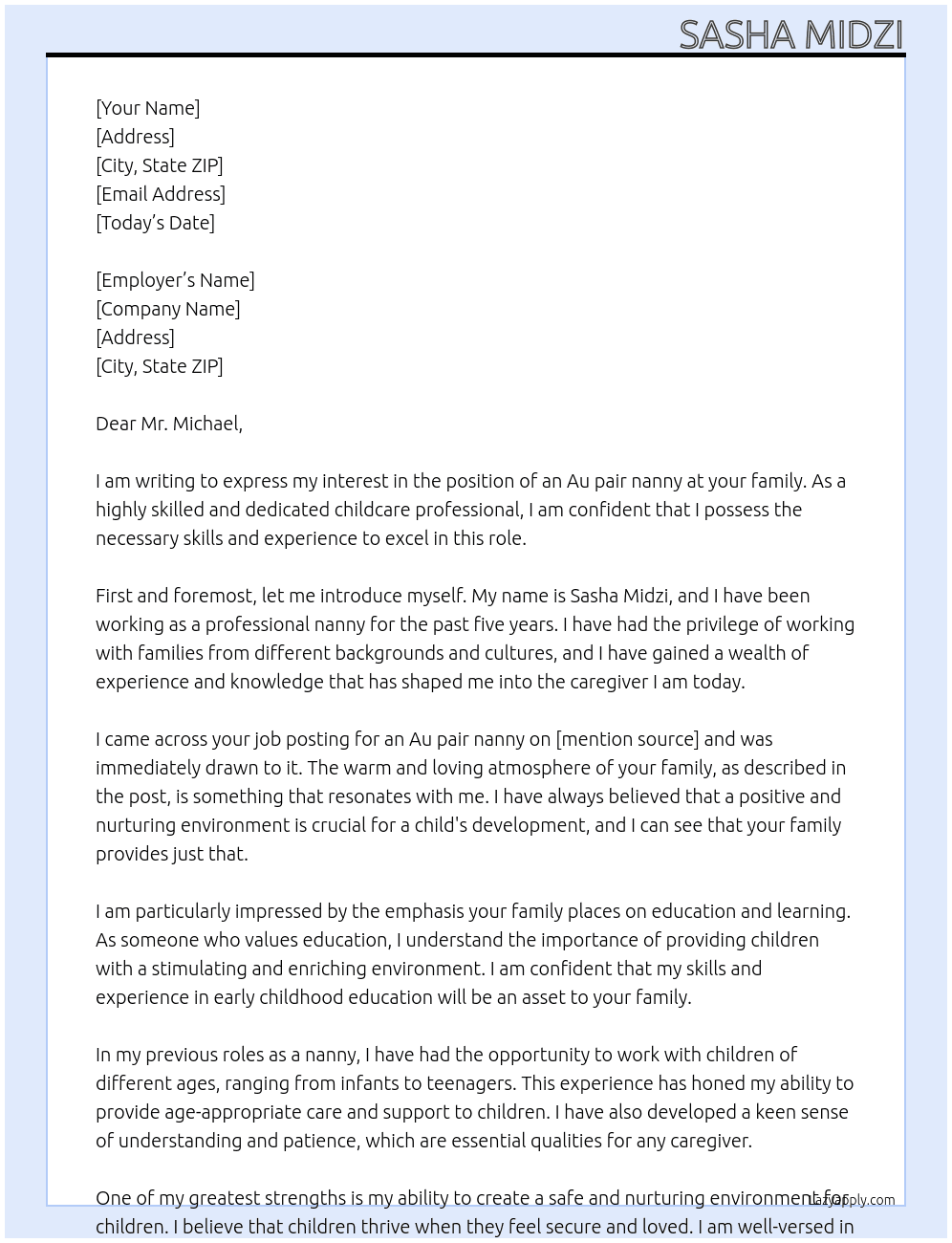 Au pair nanny At Family  Cover Letter