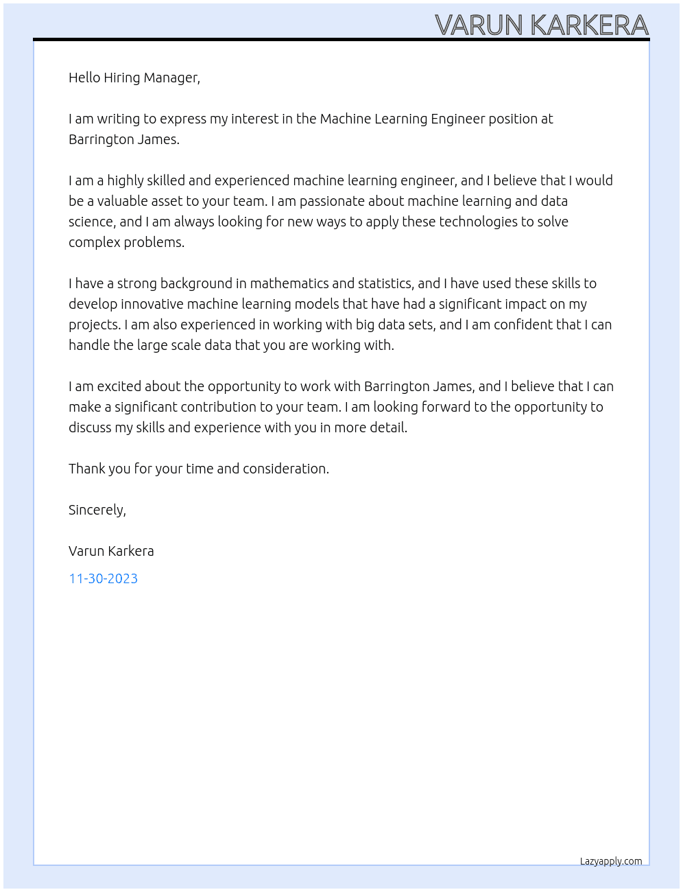Machine Learning Engineer At Barrington James Cover Letter