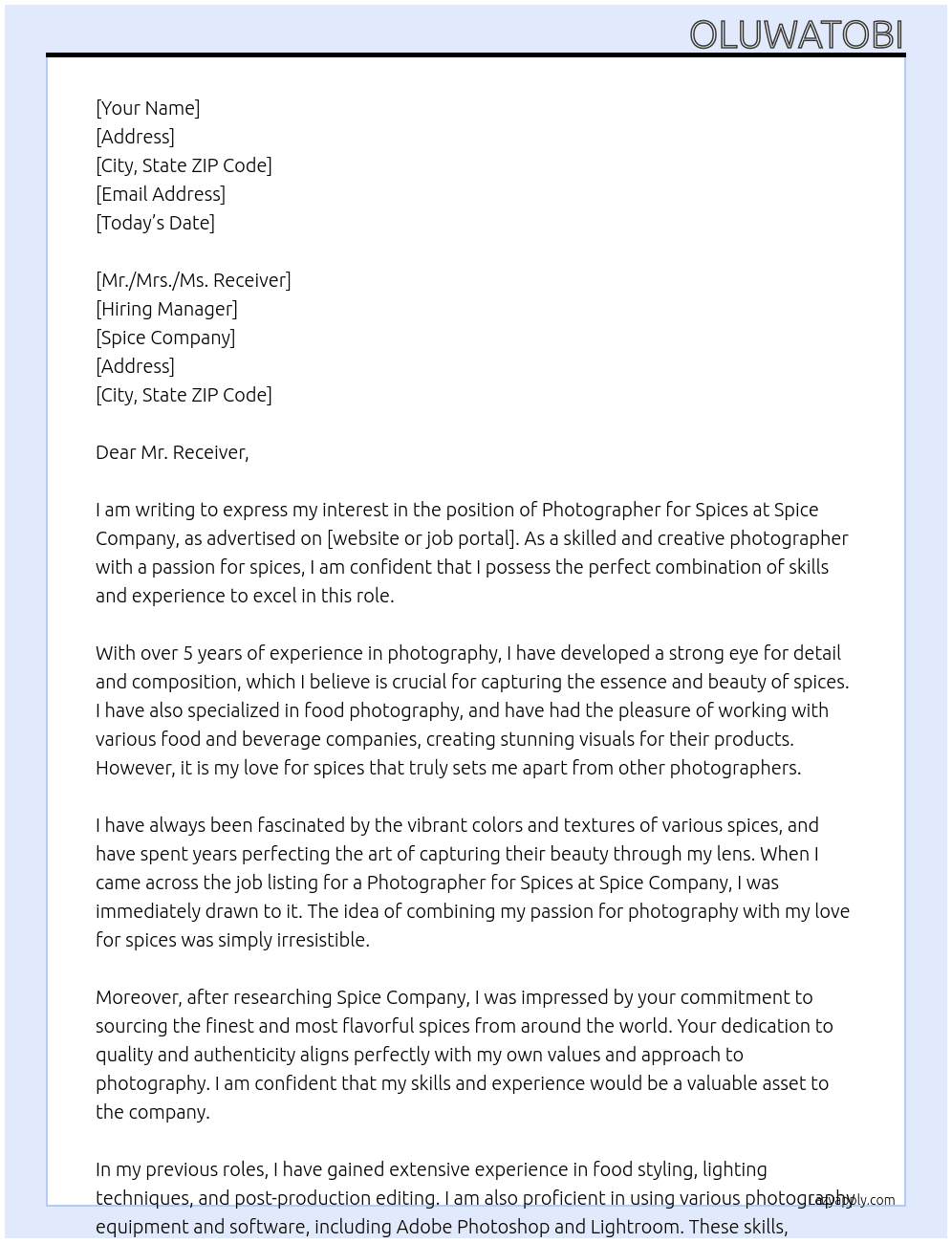 Photographer for Spices At Spice Company Cover Letter