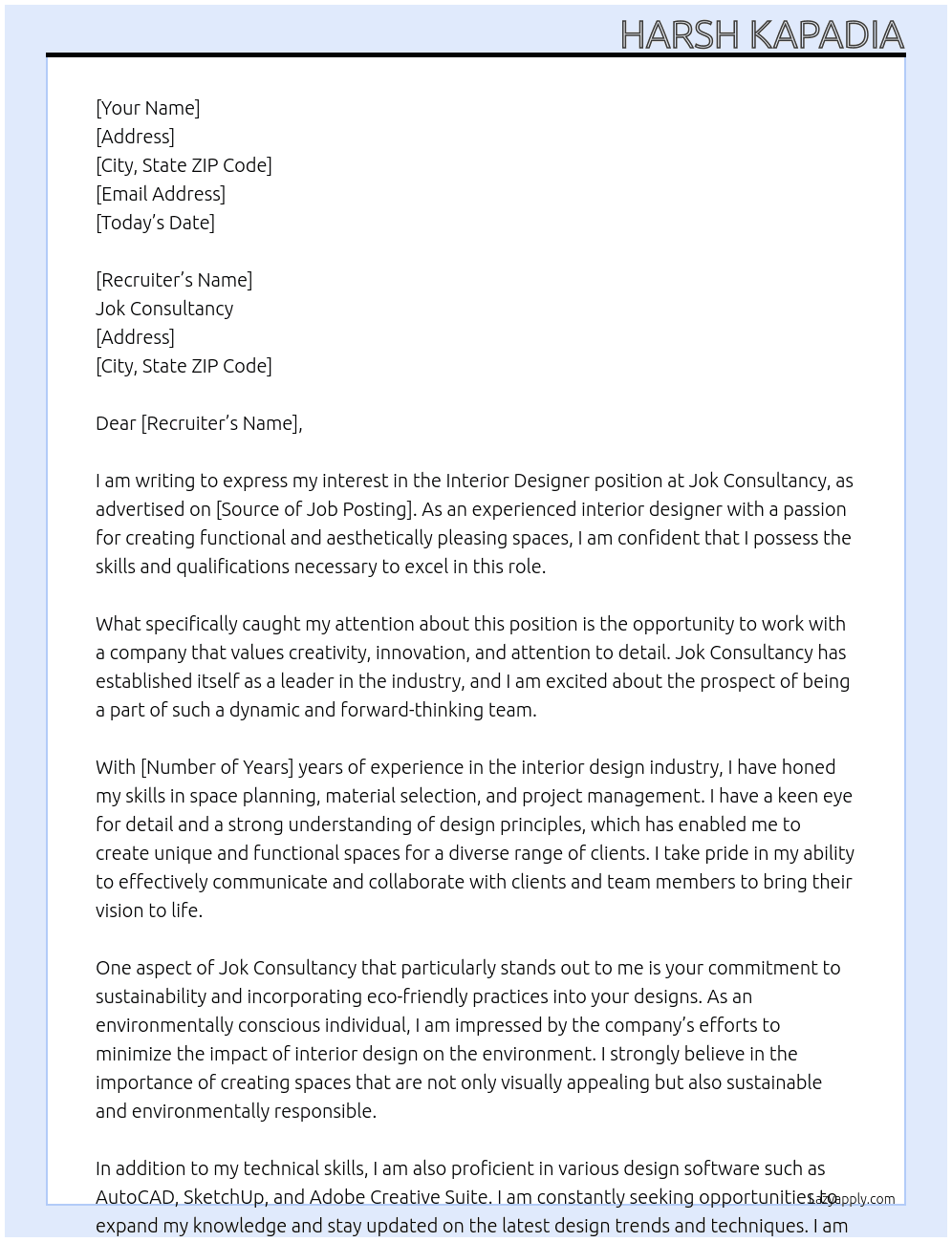 Interior Designer At Jok Consultancy Cover Letter