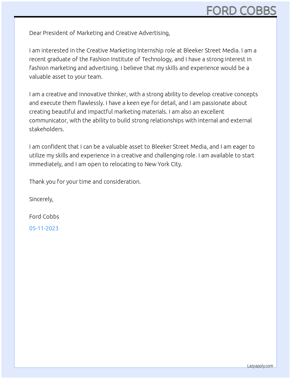 Creative Marketing Interns At Bleeker Street Media Cover Letter