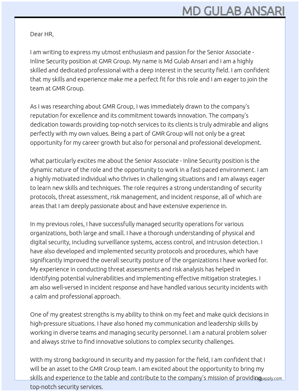 Senior Associate - Inline Security At GMR Group Cover Letter