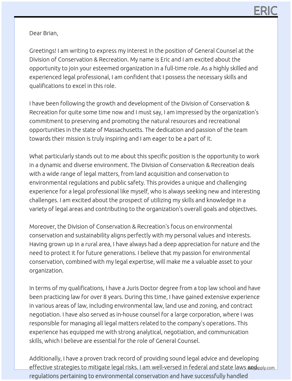 General Counsel At Division of Conservation & Recreation Cover Letter