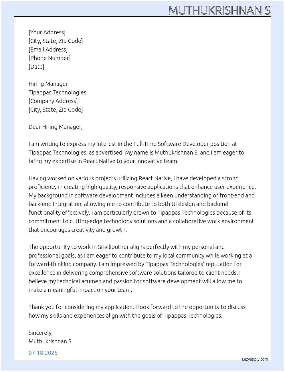 Software developer At Tipappas technologies  Cover Letter