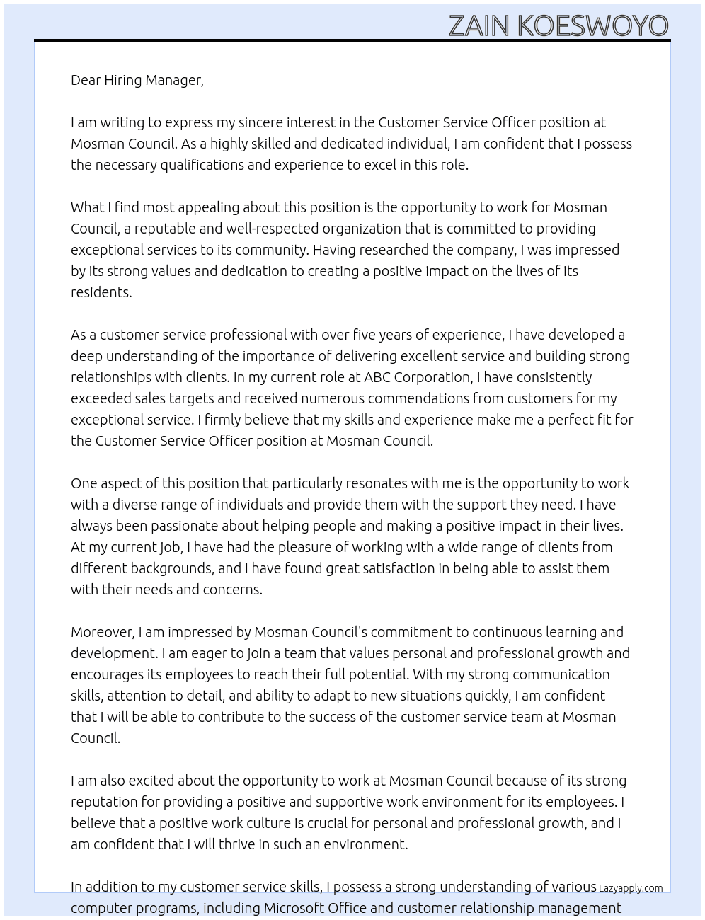 Customer Service Officer At Mosman Council Cover Letter