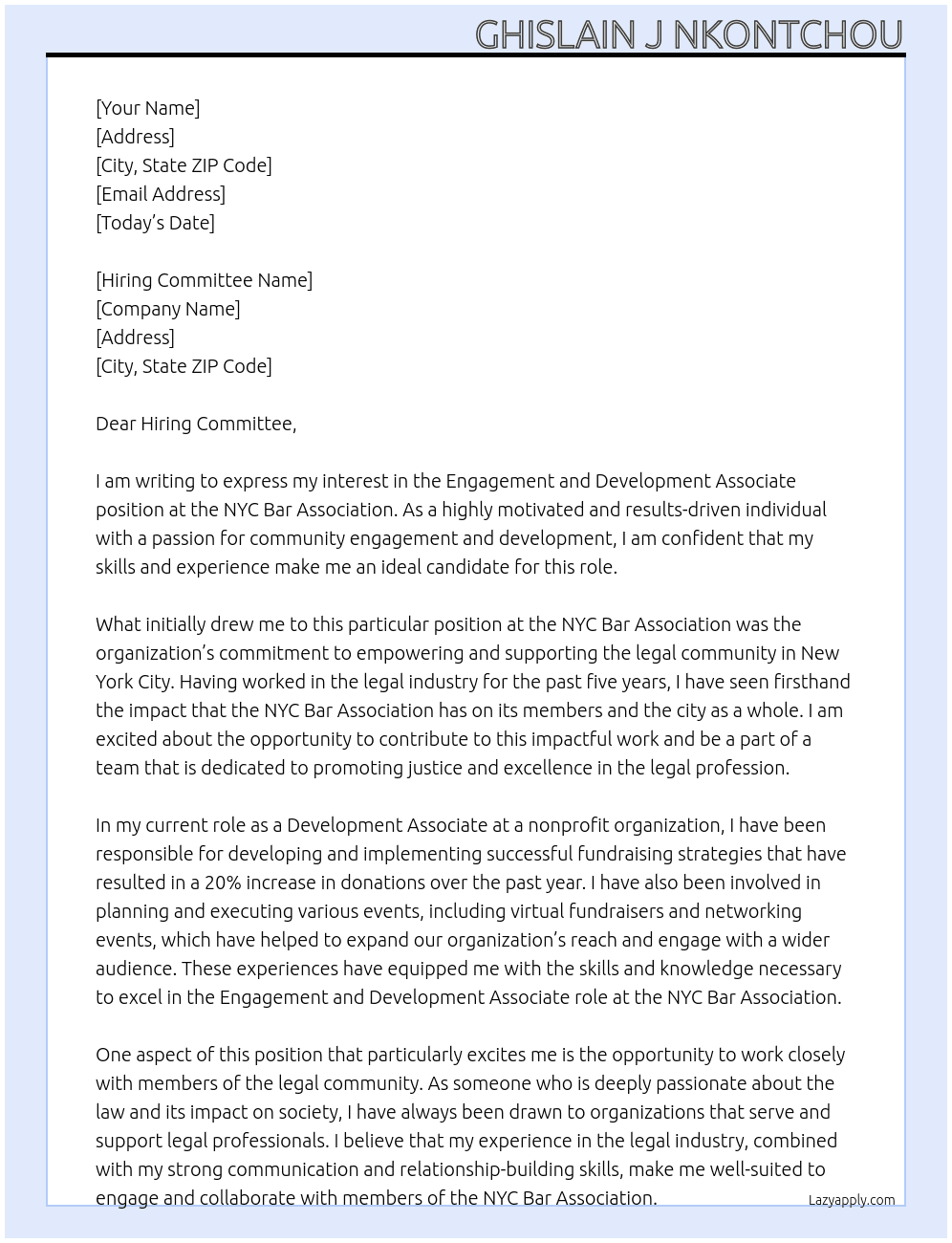 Engagement and Development Associate At NYC Bar Association Cover Letter