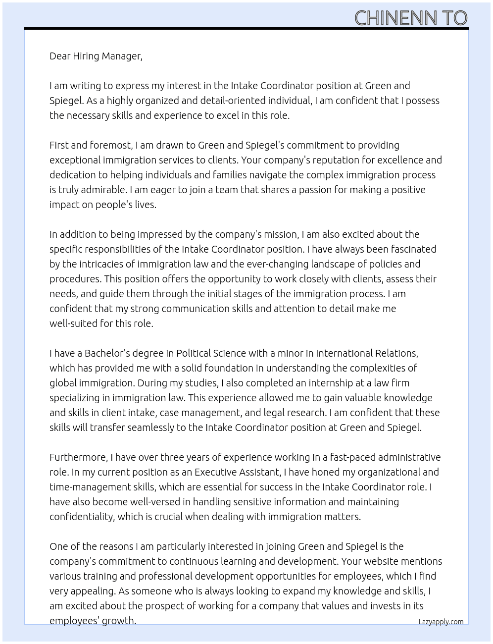 Intake Coordinator At Green and Spiegel Cover Letter