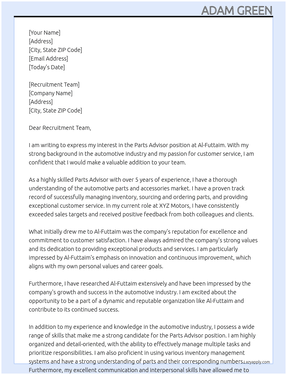 Parts advisor At Al-Futtaim Cover Letter