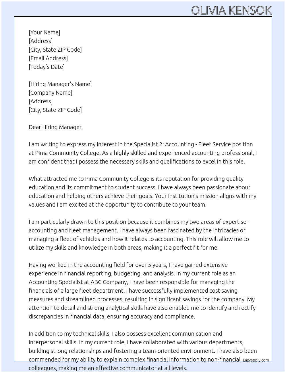Specialist 2: Accounting - Fleet Service At Pima Community College Cover Letter