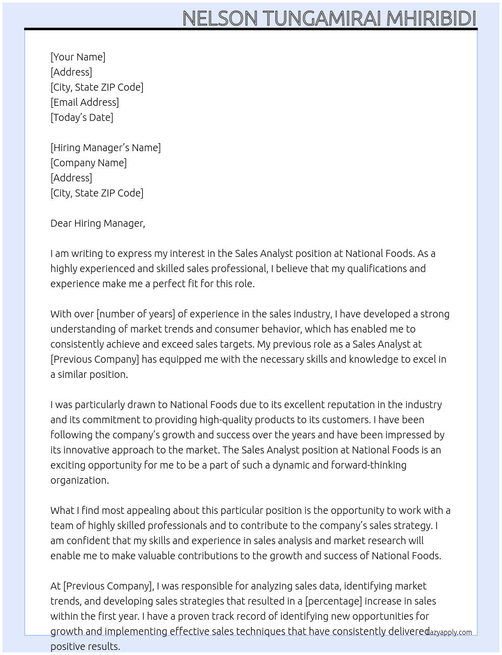 Sales Analyst At National Foods Cover Letter