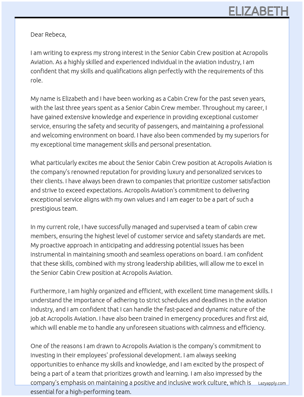 senior cabin crew At acropolis aviation Cover Letter