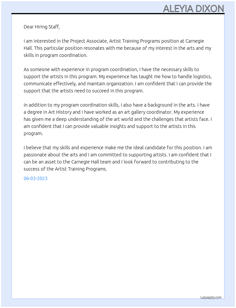Project Associate, Artist Training Programs At Carnegie Hall Cover Letter