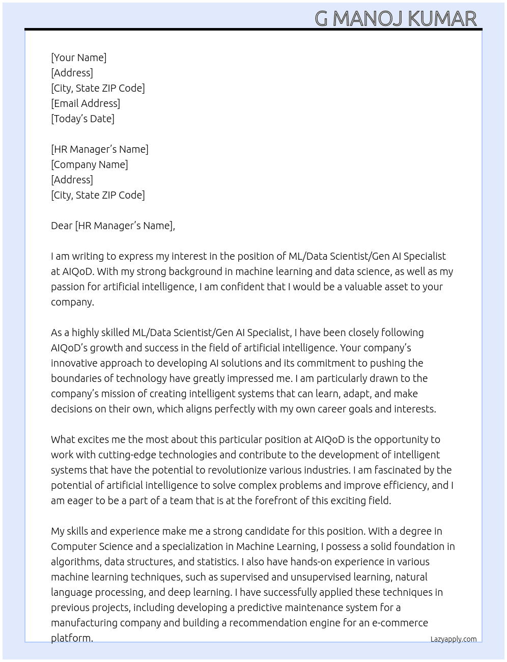 ML/Data Scientist/Gen AI Specialist At AIQoD Cover Letter