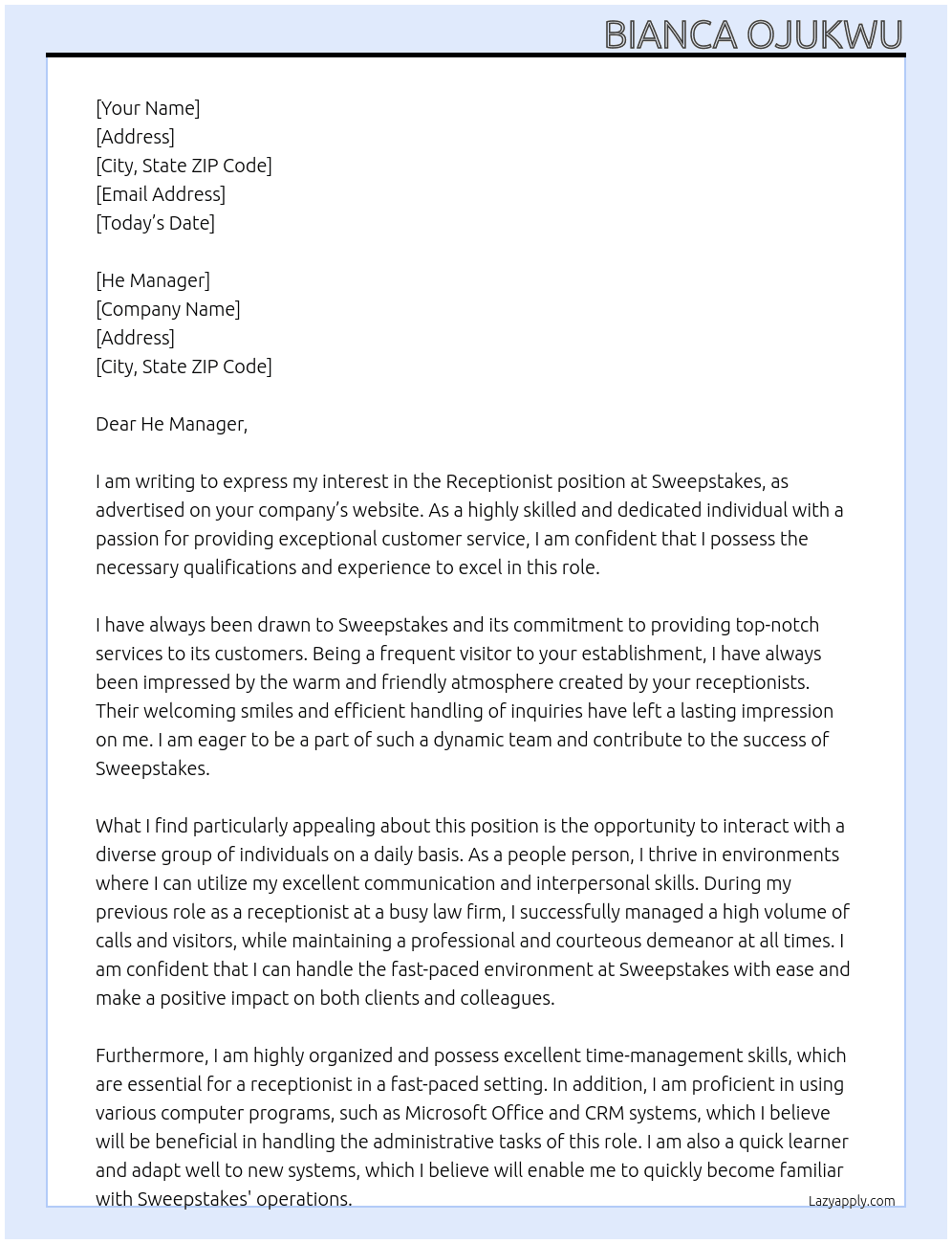 Receptionist  At Sweepstakes  Cover Letter