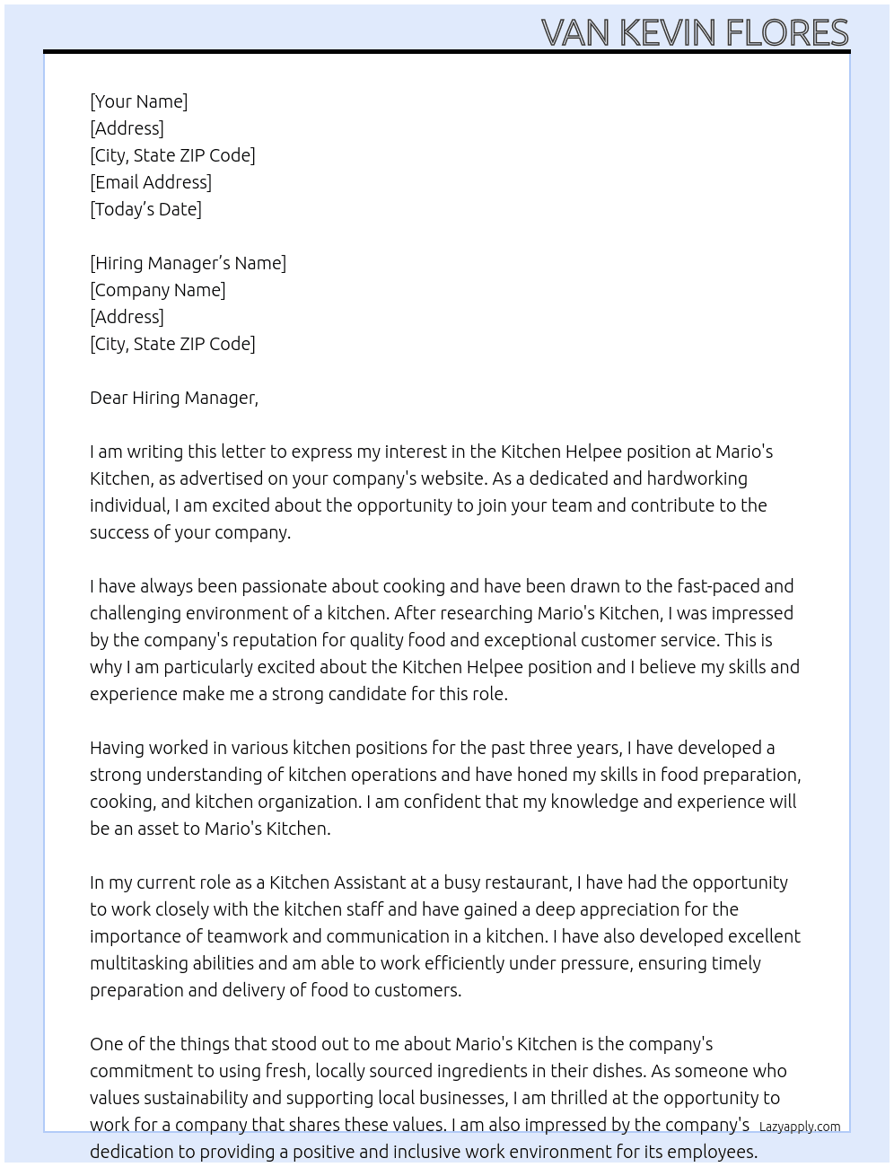Kitchen Helpee At Mario's Kitchen Cover Letter