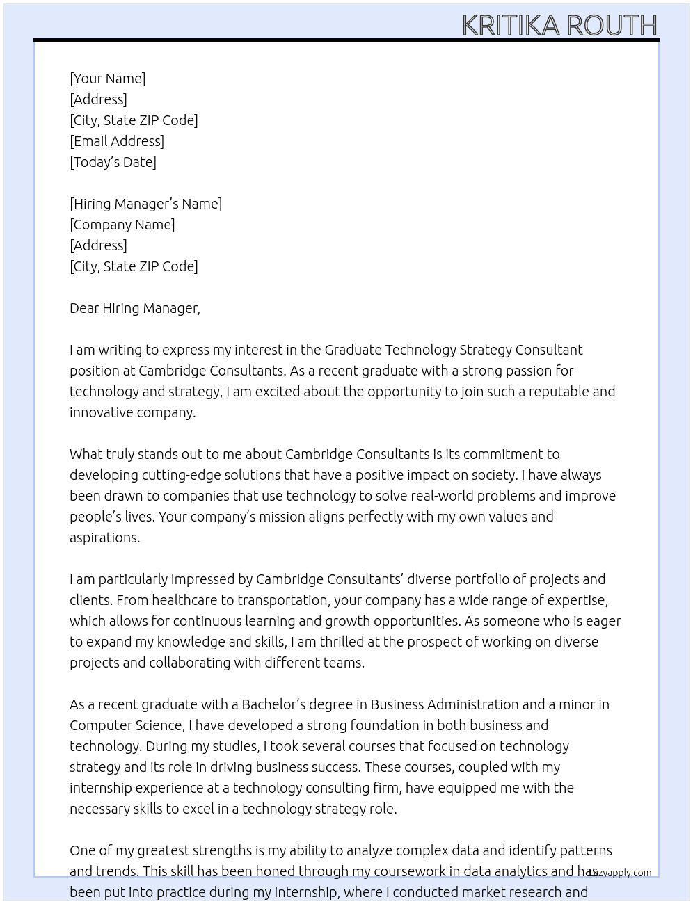 Graduate Technology Strategy consultant At Cambridge Consultants Cover Letter